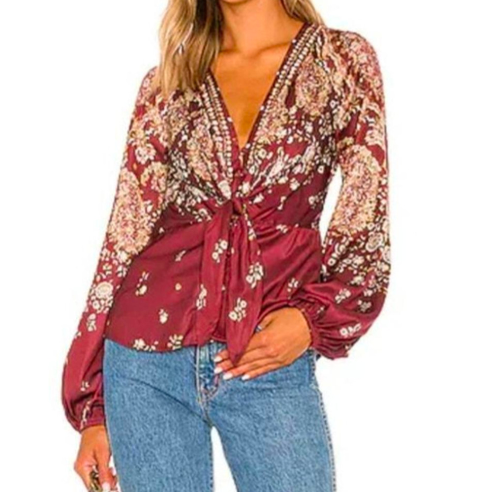 Free People Run Free Floral Tie Button Front Long Sleeve Blouse Boho